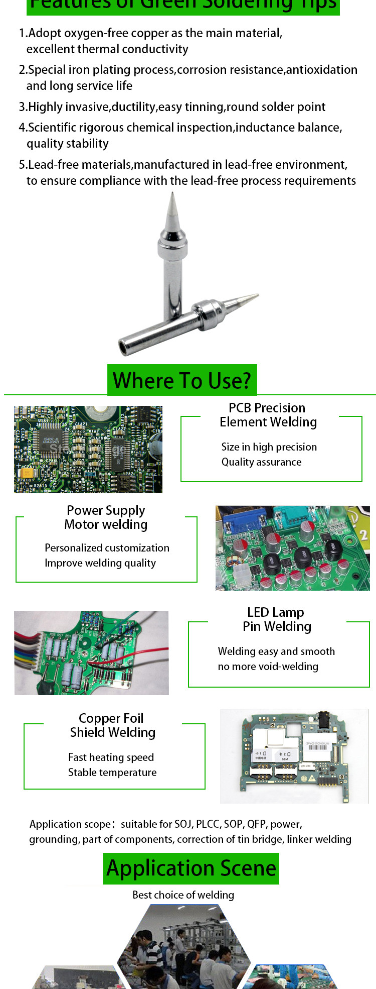 Green 200 Series B C D K I J Lead Free Soldering Tips Oxygen-free Copper ,CrZr