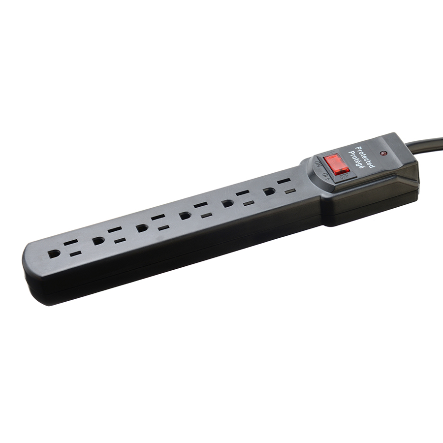Surge Protection Portable 6 Outlet American Standard ETL Power Strip for Home Appliances in Black Color