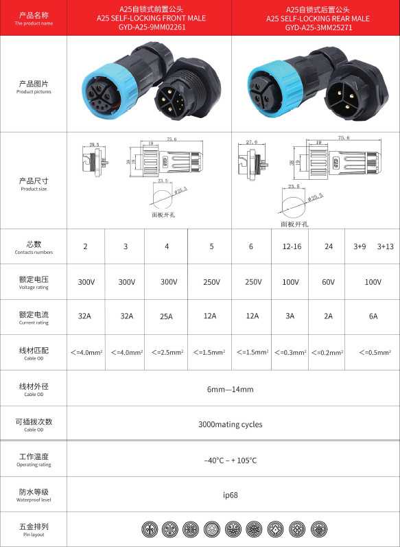 new energy A25 blue self-locking series waterproof aviation press type connector