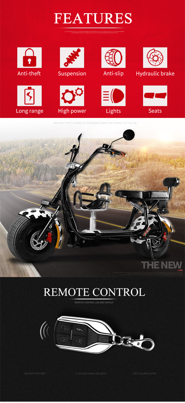 60v 20ah Lithium Battery 1000W Fat Tyre Citycoco Electric Motorcycle for Range 35-75km