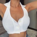 Backless Button Front Women Crop Top , Sleeveless Cotton Halter Tank Top