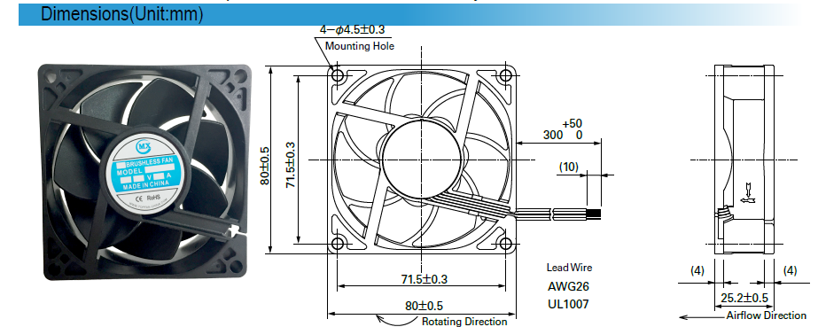 6000RPM Brushless Motor Fan , 12 Volt Axial Cooling Fan 8025 High Speed