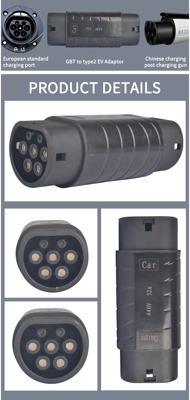 GBT Double Female Ev Charger Adapter Female Type 2 To GBT Ev Adapter AC250V 32A Type2 Mennekes
