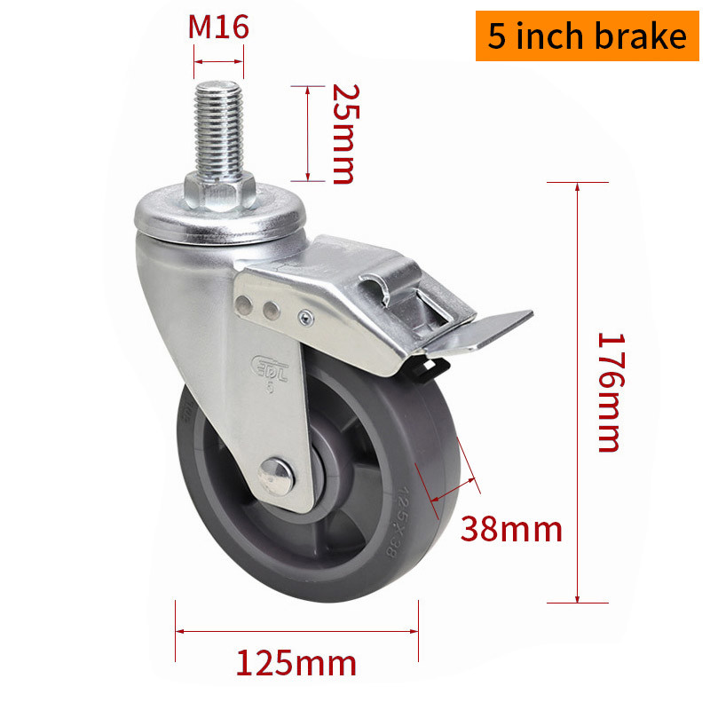 EDL Medium Duty TPE Caster 5inch 200kg Threaded by Swivel and Brake type 665S-56