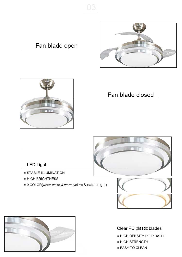 Retractable Blades LED Ceiling Fan with Remote Control and 42 Inch Acrylic Lampshade