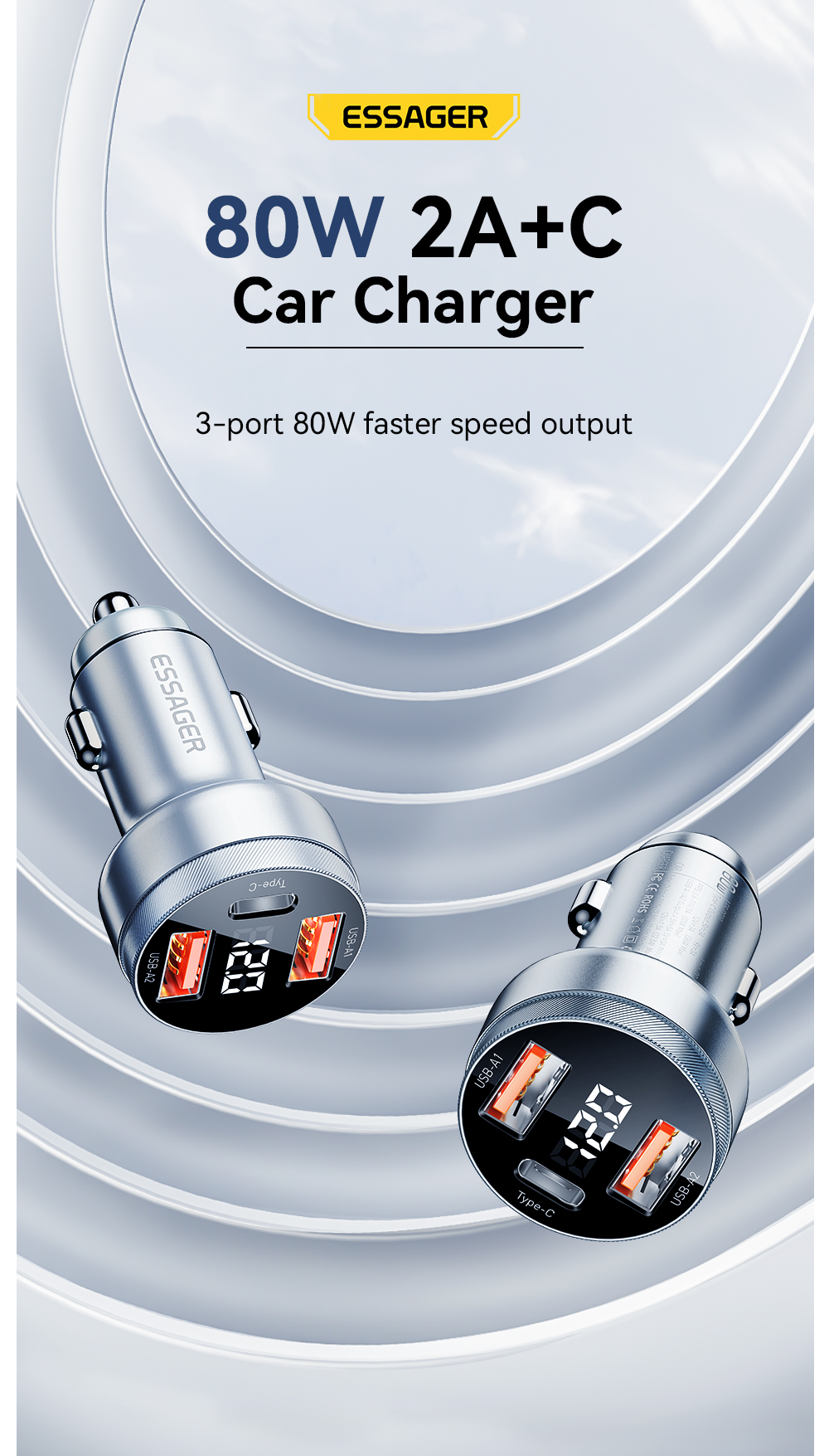 Essager 2022 Fenglang Aluminum alloy digital display car charger 80W 3 in 1 Car Charging 2 USB A Type C Fast Car Charger