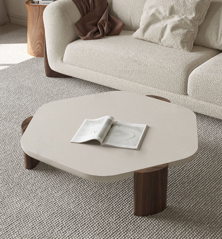 Minimalist Walnut Natural Stone Table Round Antique Marble Top Coffee Table