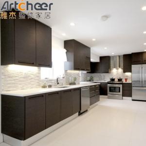 Quality Veneer Finish Dark Brown Kitchen Cabinets with Solid Wood Material and Handless Design wholesale