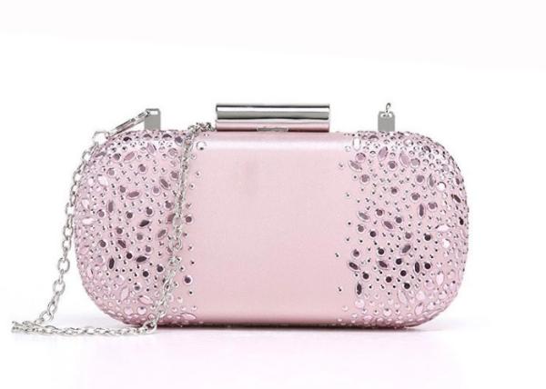Pink Satin Fabric Hard Case Clutch Evening Bags , Western Rhinestone Purses For