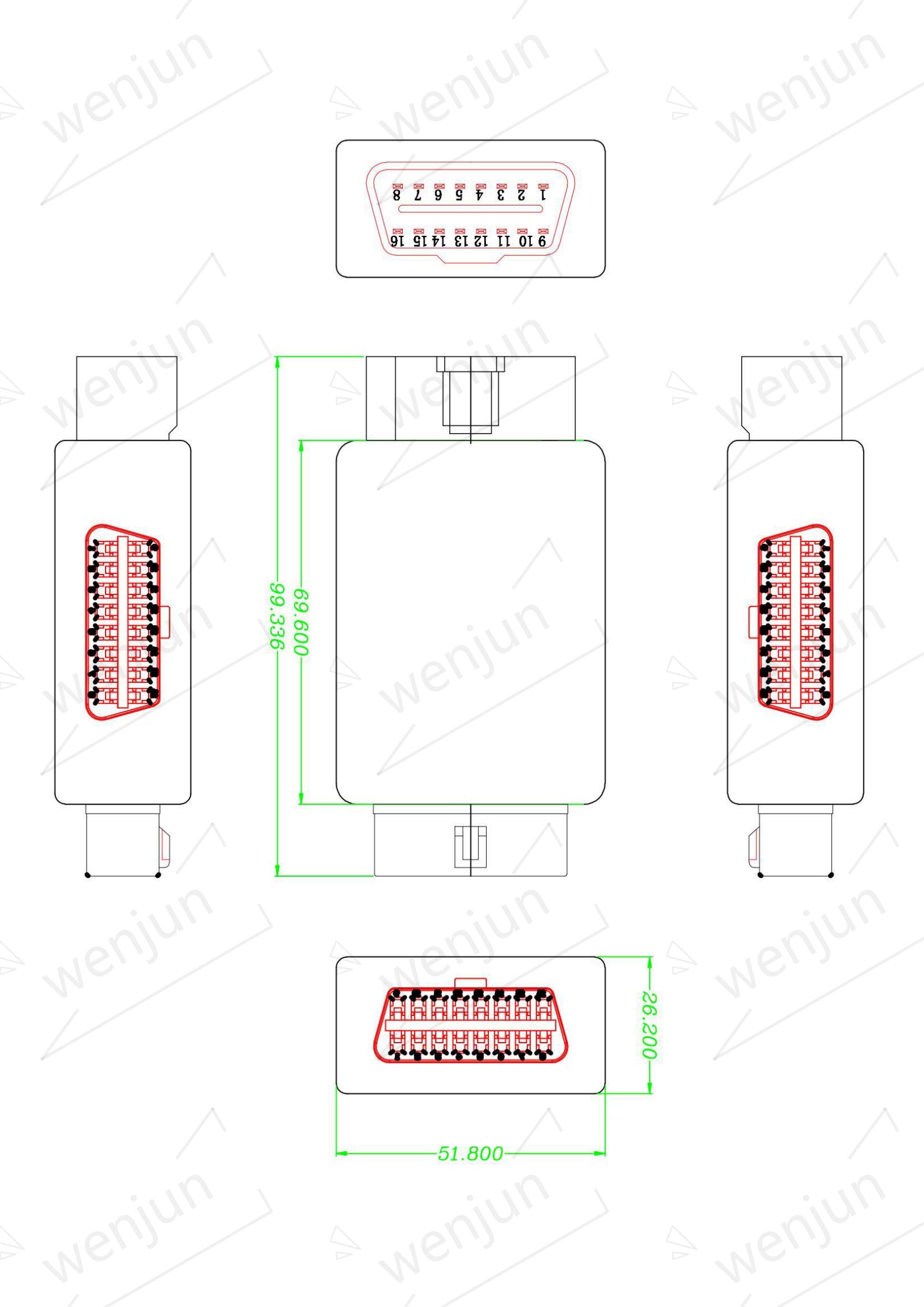 Female Red Car Diagnostic Adapter , Automotive OBD Connector Adapter