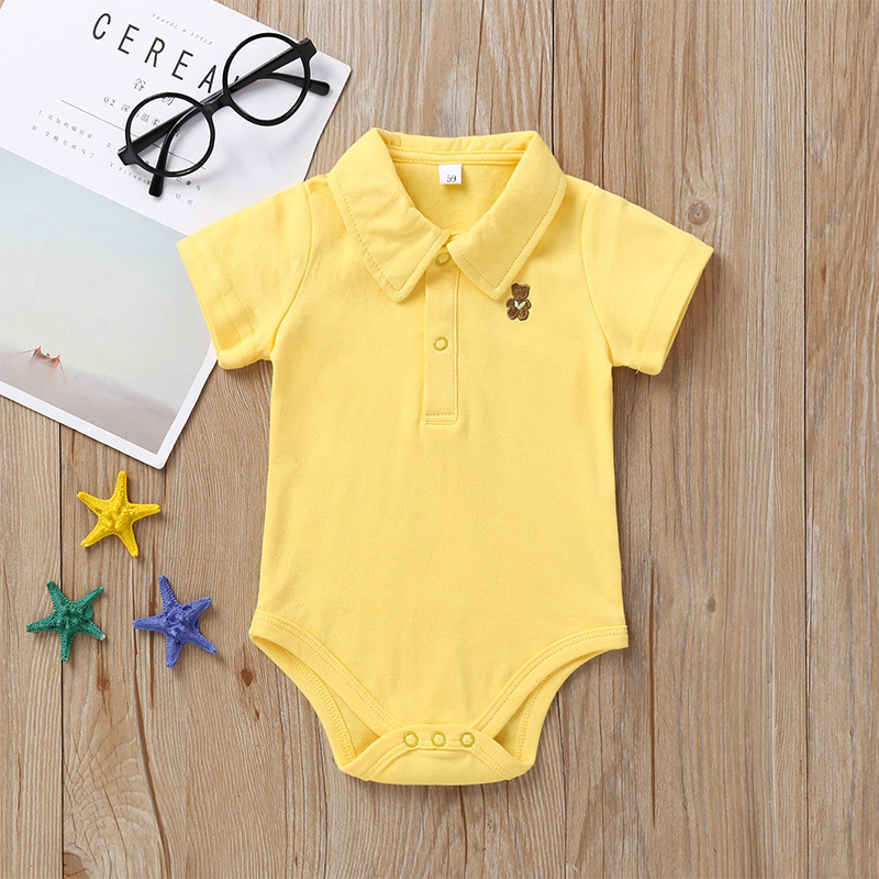 Custom LOGO Color Cute baby Short Sleeve Short romper Lapel Neck litter bear logo print polo baby bodysuit with Snap But