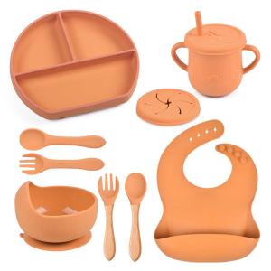 Quality Orange 9pcs Baby Silicone Feeding Set Weaning Plates And Bowls wholesale