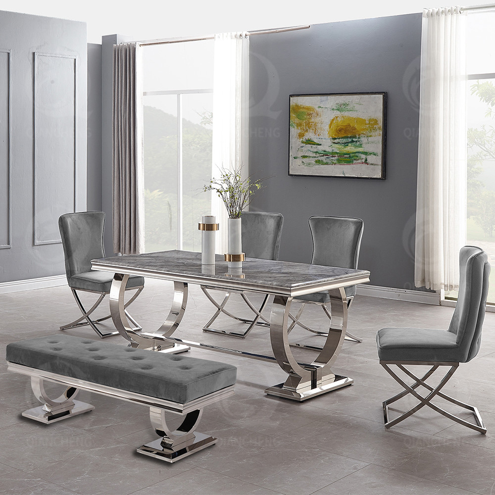 Luxury 180x90x75cm SS Steel Furniture Dining table With 20mm Marble Top