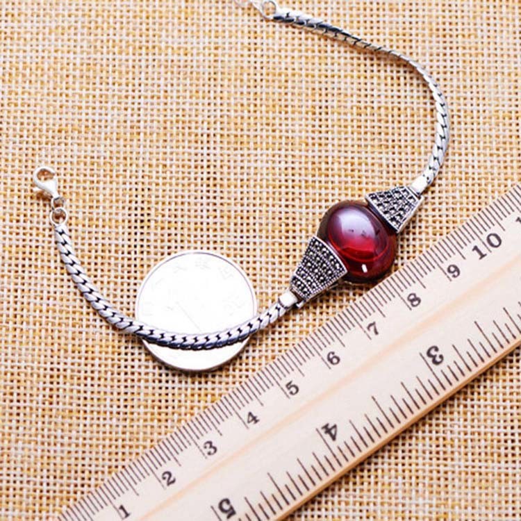 Women Sterling Silver Garnet Charm Chain Bracelet Vintage Jewelry(XH017992W)