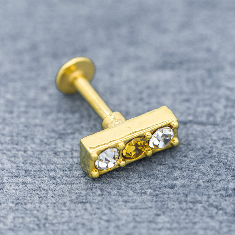 Three Crystal Gems 16G Labret Piercing Jewelry Gold Body 316L Stainless Steel