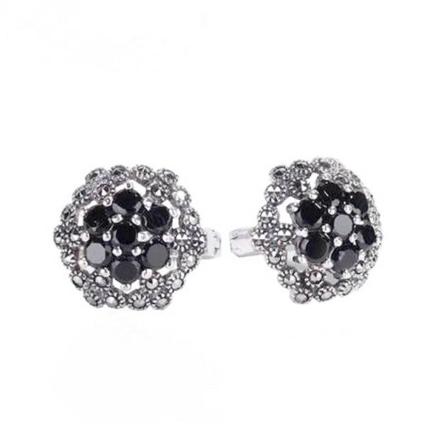 Thailand Silver Pave Marcasite Stud Earrings Women's Vintage Jewelry (E11064BLAC