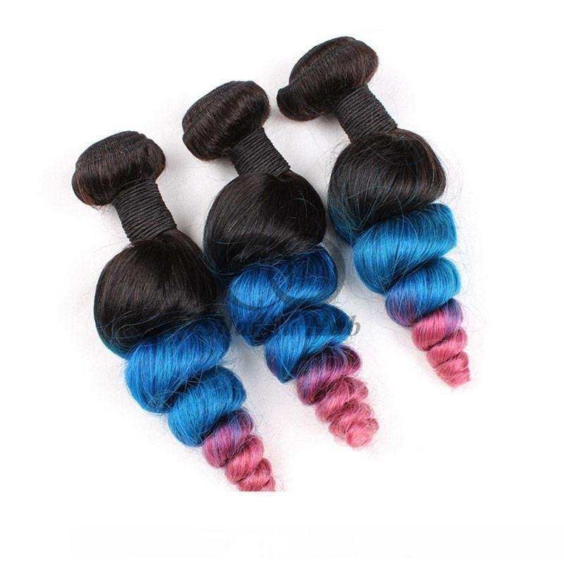 #T1B/Blue/Pink Loose Wave Remy Human Hair Bundles Sew In Weave Bundles Brazilian Bundle Deals