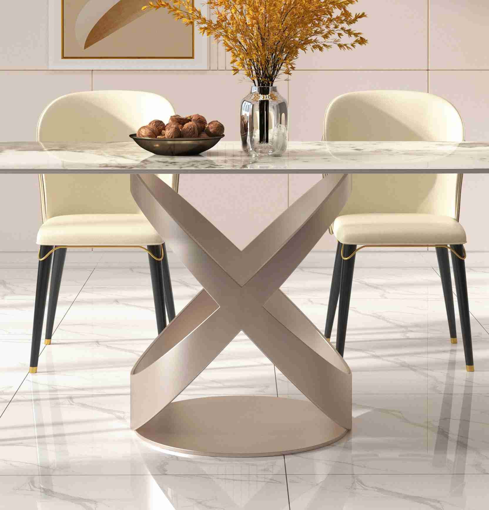 Luxury Contemporary Dining Table Chair Sets With X Stainless Teel Base