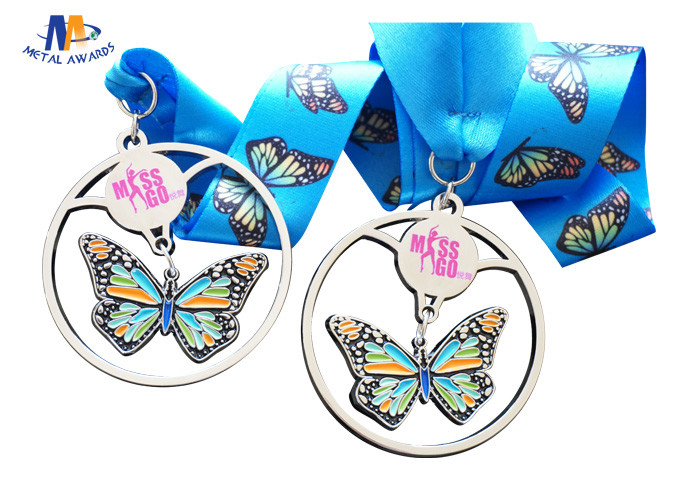 Shiny Silver Stock Dancing Butterfly Relief Medals Cut Out With Sublimated Ribbon