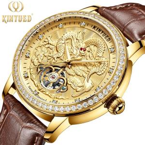 Quality Luxury Diamond Skeleton Mechanical Watch Dragon Embossed Gold Case wholesale