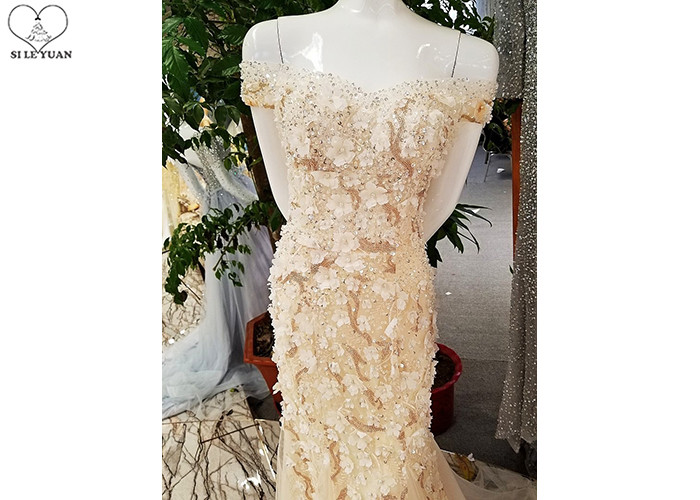 Short Sleeve Champagne Trumpet Prom Dress Lace Flowers With Beads Tulle Train