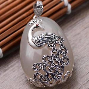 Quality Sterling Silver Peafowl Style White Chalcedony Pendant Neclace (041001) wholesale