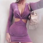 Hollow Back Bow Tie Long Sleeve V Neck Bodycon Dress