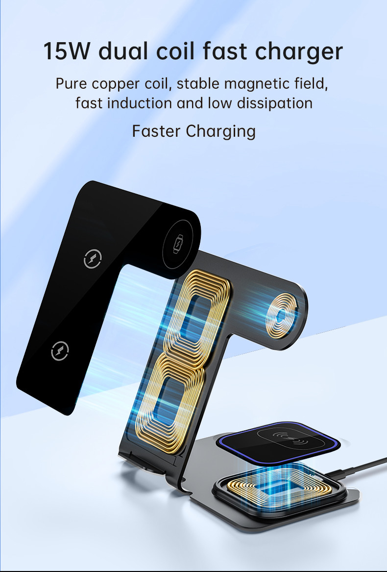 15W Aluminum Alloy Wireless Charging Stand for iPhone Samsung Qi Phones - Silver/Black/Blue/Grey