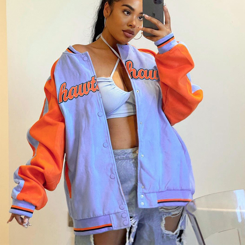 2022 Women Coat Button Pockets Long Sleeve Patchwork Stitching Color Baseball Shirt Streetwear Sweatshirt hoodie