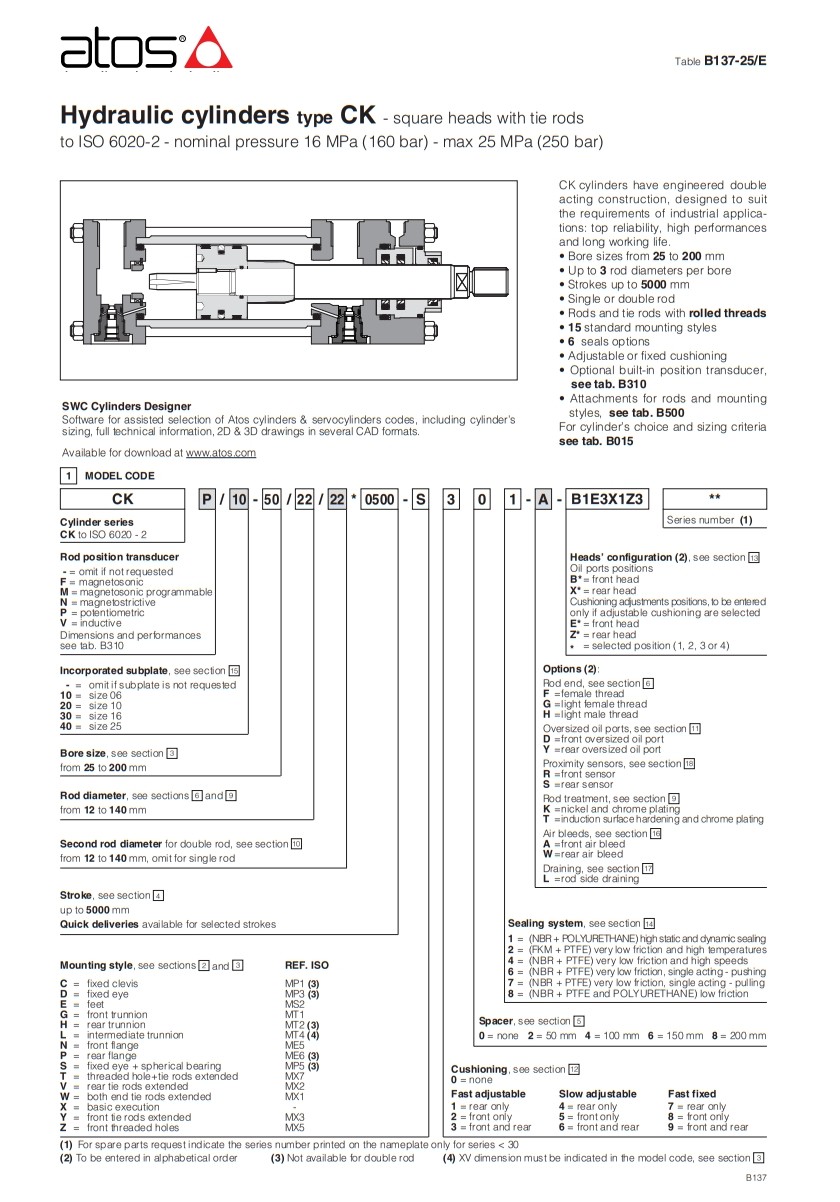 Industrial ATOS Hydraulic Cylinders Type CK With Double Acting Construction