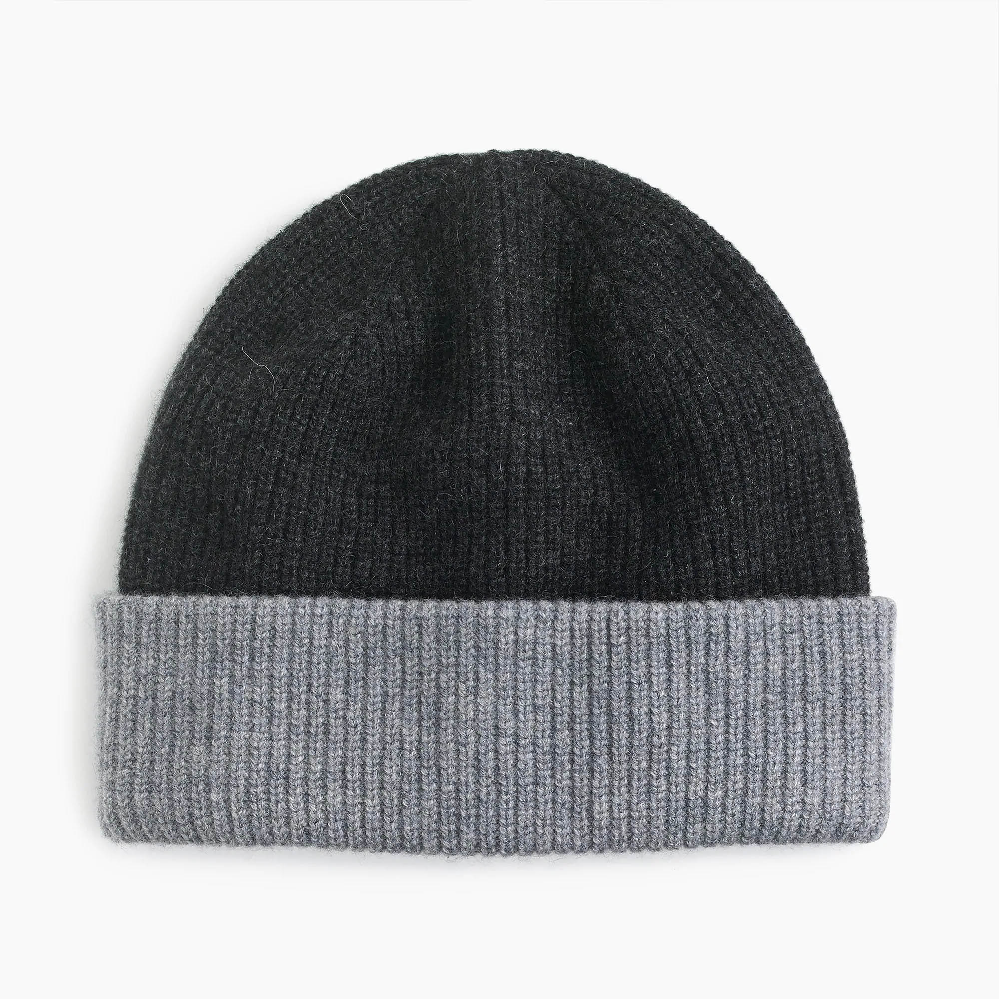 MEN'S 100% CASHMERE KNITTED BEANIE HAT WITH CONTRAST COLOR CUFF