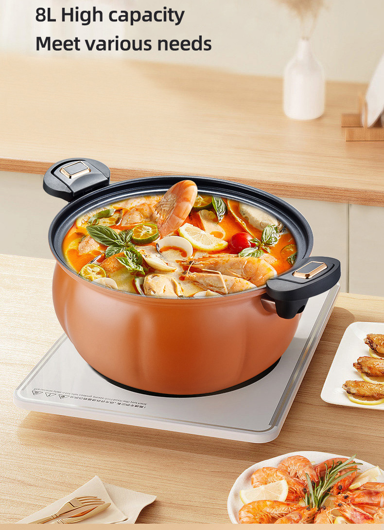 8L Kitchen Pressure Cooker Cast Iron Non Stick With Handle Latch