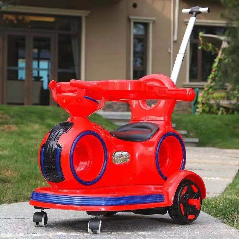 Children's Ride On Electric Car with Retractable Push Handle and Colorful Lights