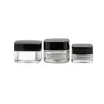 Eco - Friendly Glass Cosmetic Cream Jar Square Shape Clear Body Black Lid