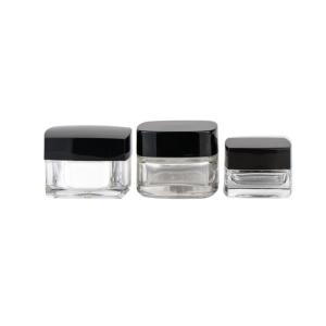 Quality Eco - Friendly Glass Cosmetic Cream Jar Square Shape Clear Body Black Lid wholesale