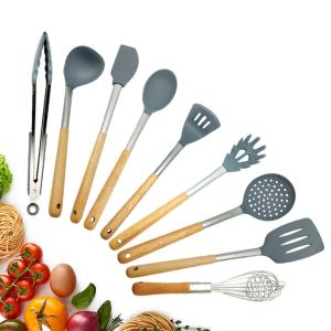 Quality Nonstick Silicone Kitchen Utensils Set Hard Wood Handle Turner Tongs Spatula wholesale