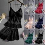 Summer Sleeveless Ice Silk Sexy Suspenders Knickers Lace Satin Pajama Set For
