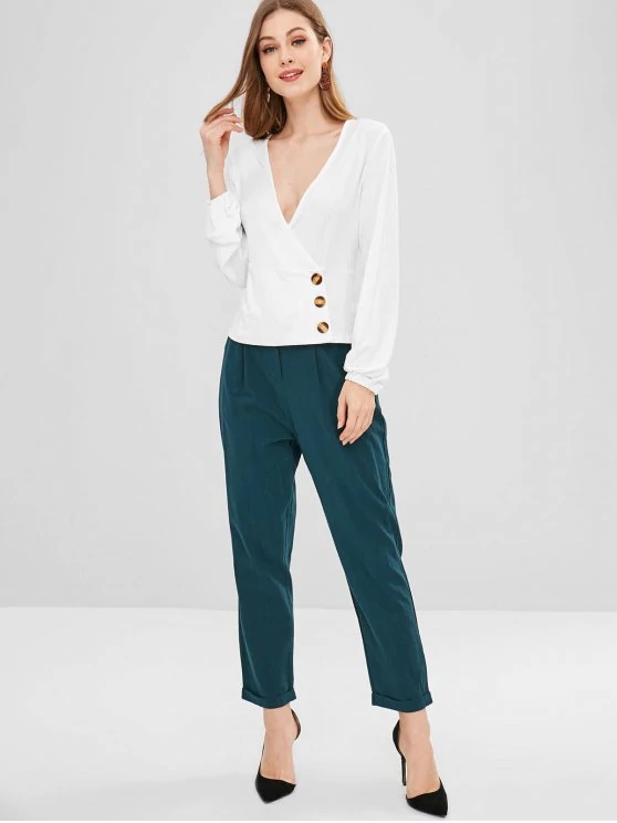 Long Sleeve Ribbed Buttoned Crossover Top T Shirt Clothing Women