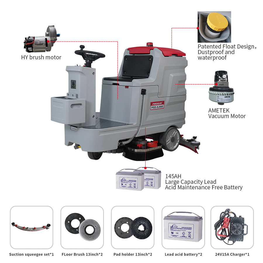 Red Double Brush Driving Sweeper Scrubber Cleaning Machine For Epoxy Floor