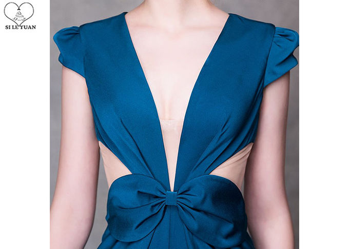 Cyan V Neck A Line Cocktail Dress High Slit Back Hollow Sexy Style With Bowknot