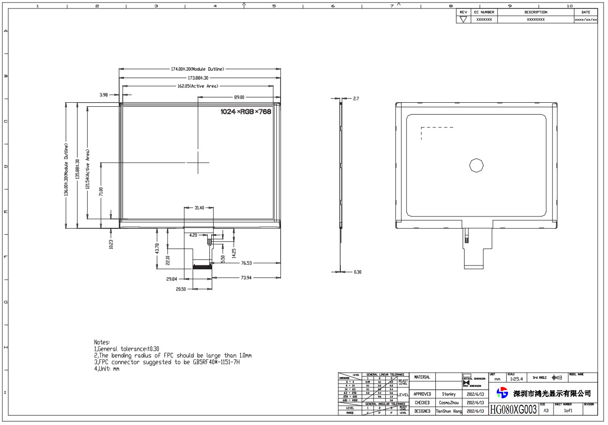 Full View 8.0 Inch LVDS Interface LCD TFT Display Resolution 1024x768
