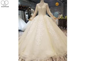 Quality Ivory Long Sleeve High Neck Bridal Gowns Backless Sweep Train Special Beaded Net wholesale