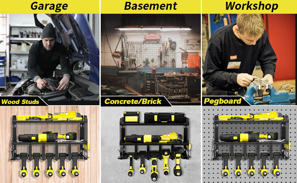Garage Wall Mount Floating Shelf Set for Workshop Shed Pegboard Tool Cabinet Drill Storage Rack
