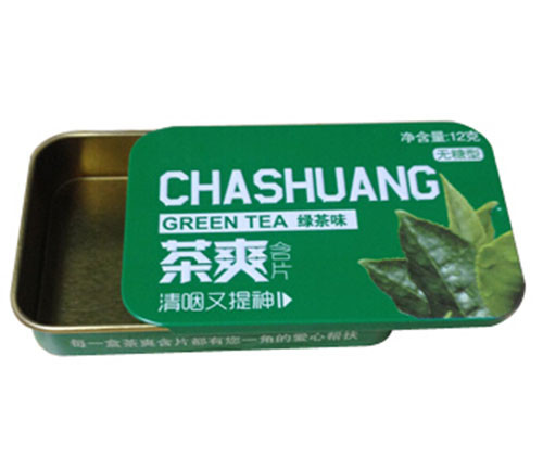 OEM Rectangle Sliding Tin Candy Containers With Green Tea Flavor