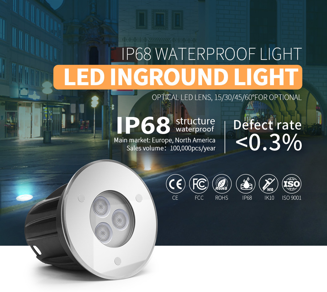 DC24V IP68 Monochrome LED Ground Lights Warm White 3W 300LM