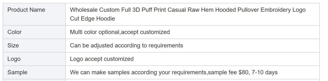Wholesale Custom Full 3D Puff Print Casual Raw Hem Hooded Pullover Embroidery Logo Cut Edge Hoodie