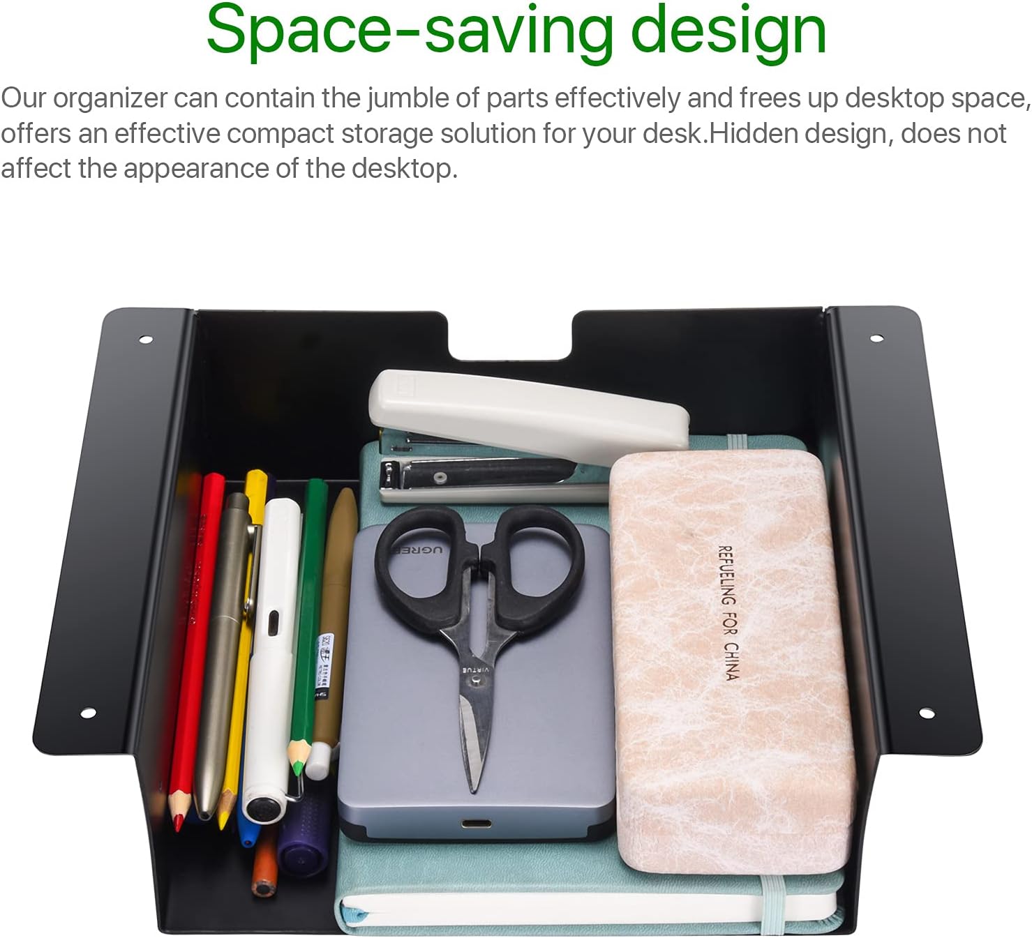 Space Saving Under Desk Storage Shelf with Dual Headset Hanger Hook and Hidden Drawer