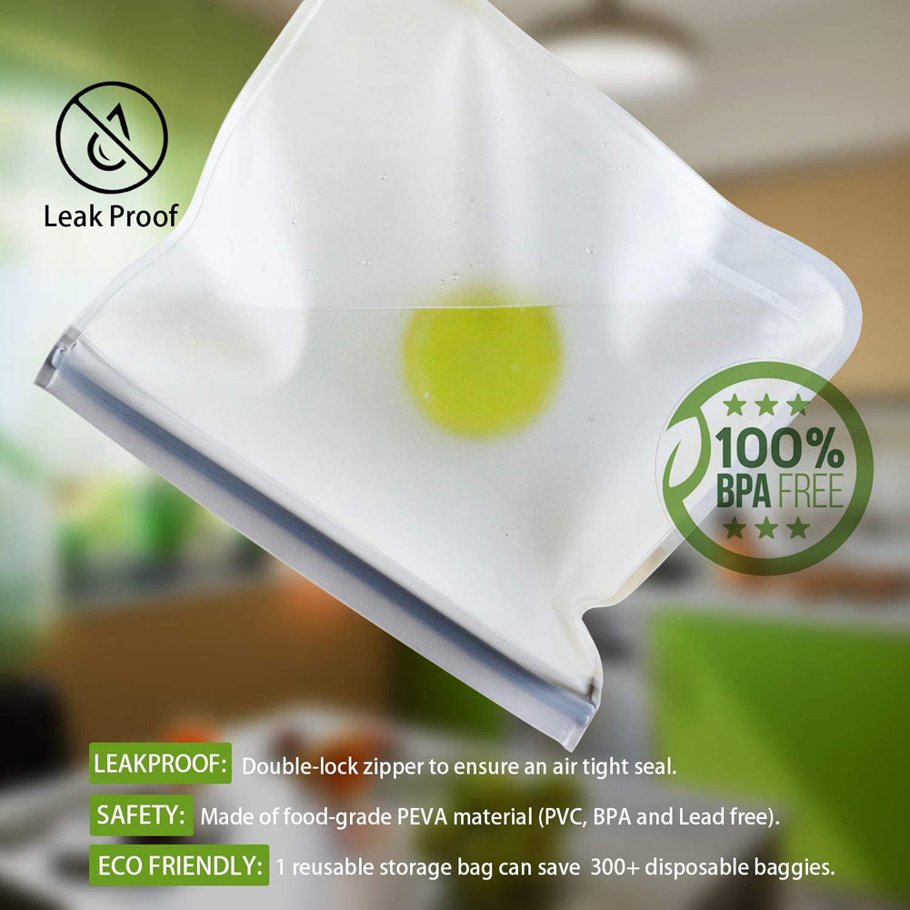 Reusable Leakproof Silicone Food Storage Bag with Zipper Top and Self Sealing Design