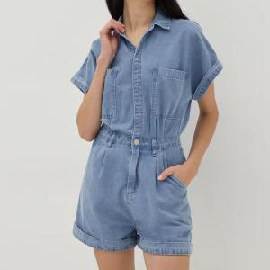 Quality Summer Women Short Sleeve Romper Fashion Casual Blank Button up Playsuit Denim Short Jumpsuit wholesale