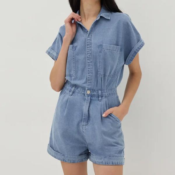 Summer Women Short Sleeve Romper Fashion Casual Blank Button up Playsuit Denim